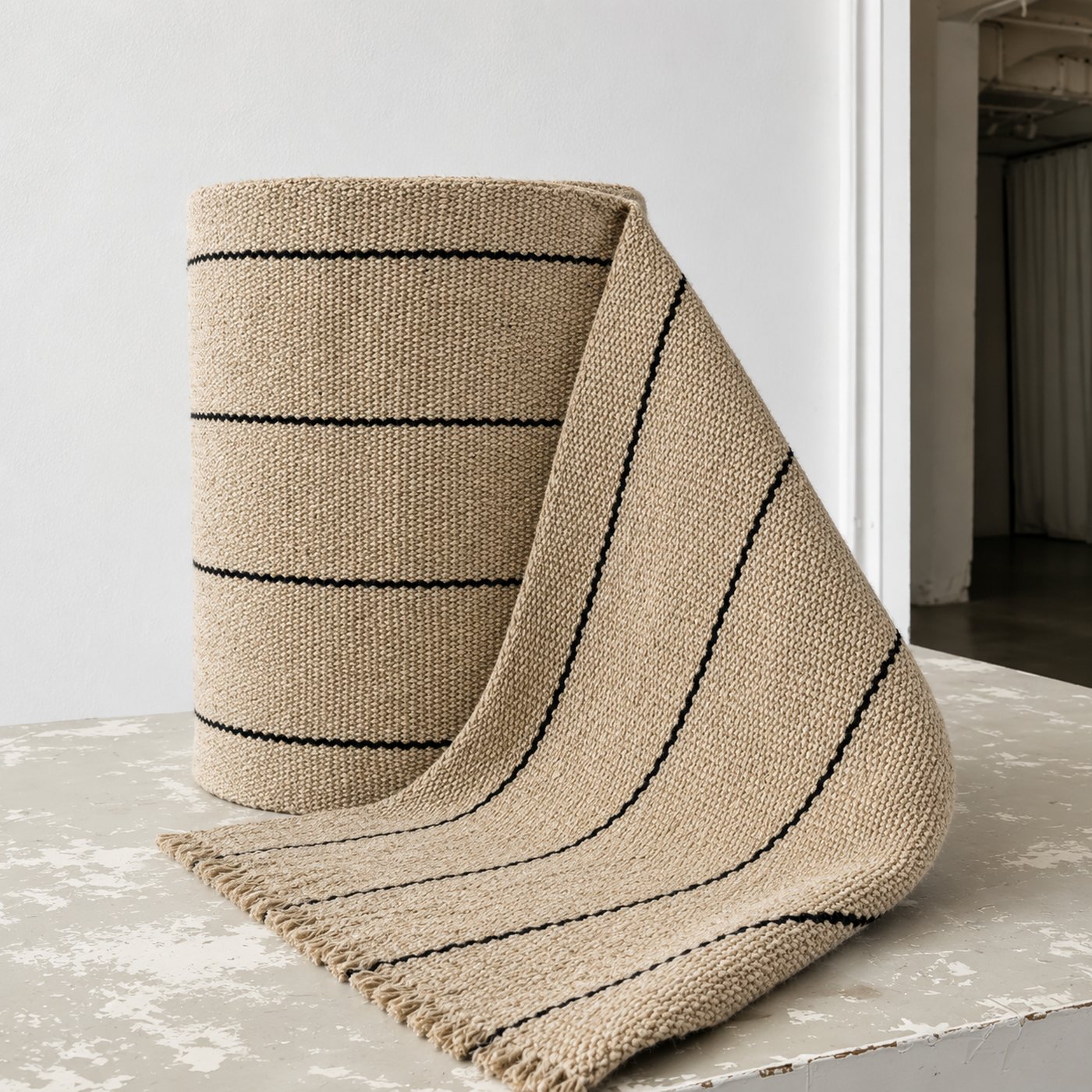 Rolled ecru runner with thin black stripes