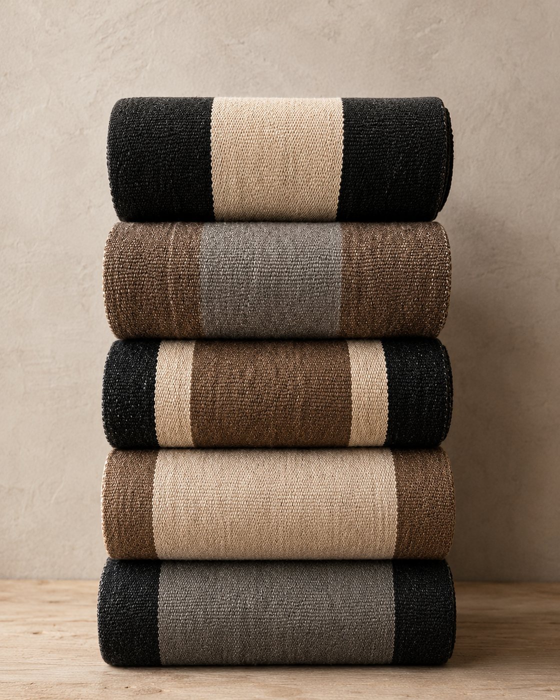 Stack of five rolled runners in multiple colourways