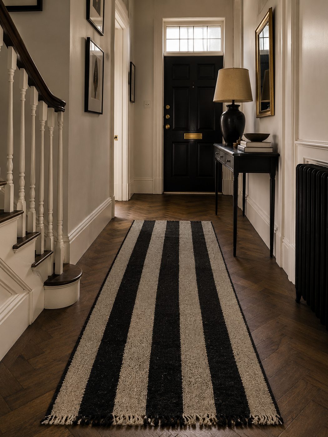 Black and cream broad-stripe hallway runner
