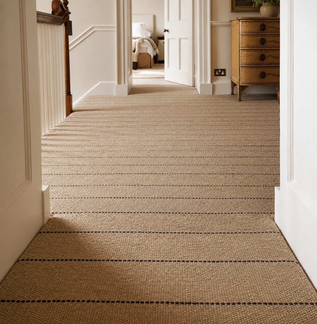 Cream handwoven goat hair rug, dark dotted pinstripe