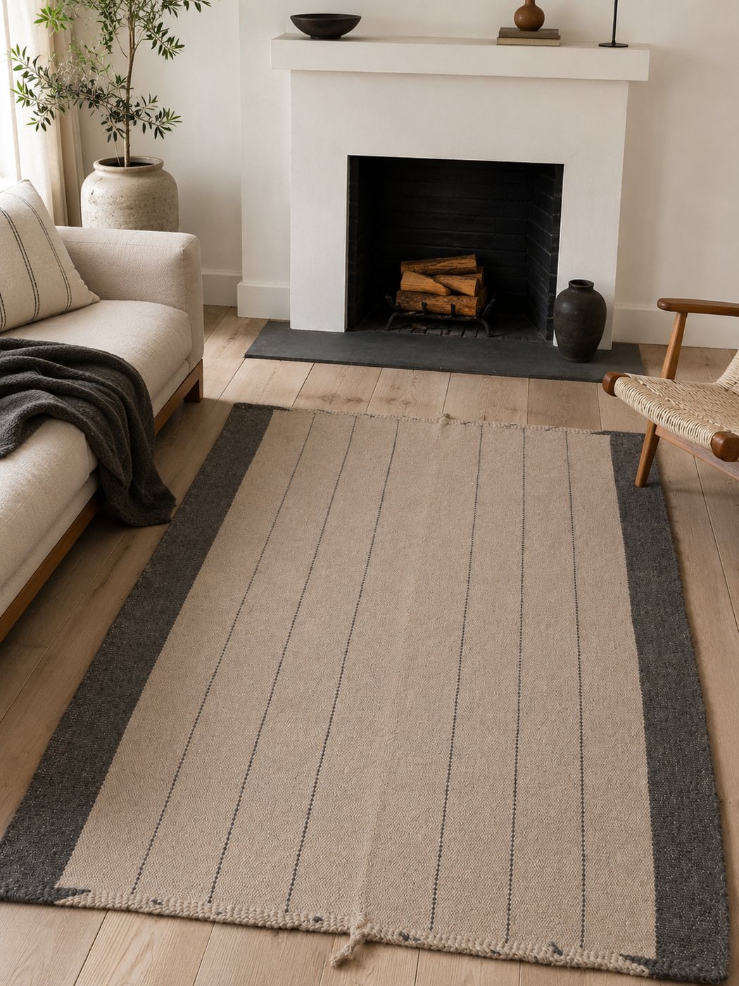 Ecru, grey border & pinstripe handwoven goat hair rug