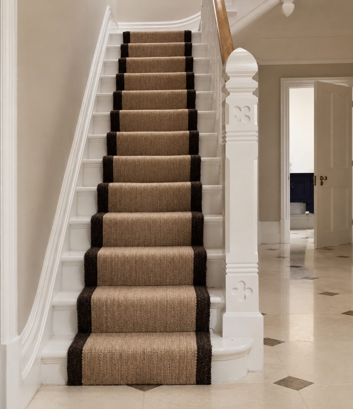 Warm brown and black wide border stripe handwoven goat hair stair runner