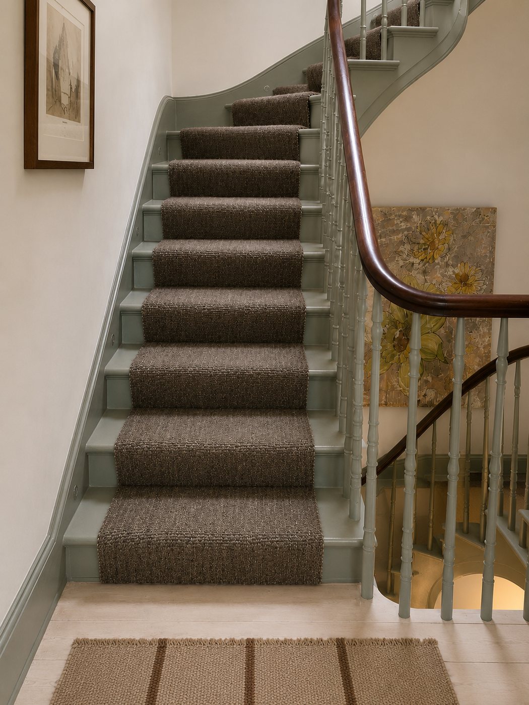 Warm brown textured weave handwoven goat hair stair runner on painted staircase