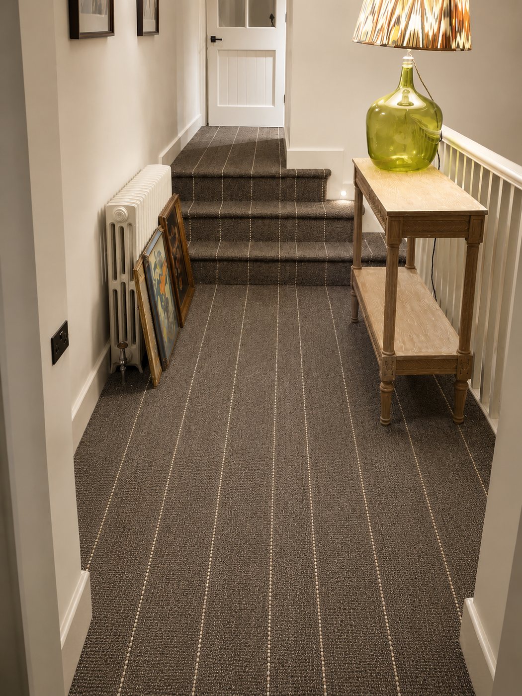 Grey, cream pinstripe handwoven goat hair stair runner