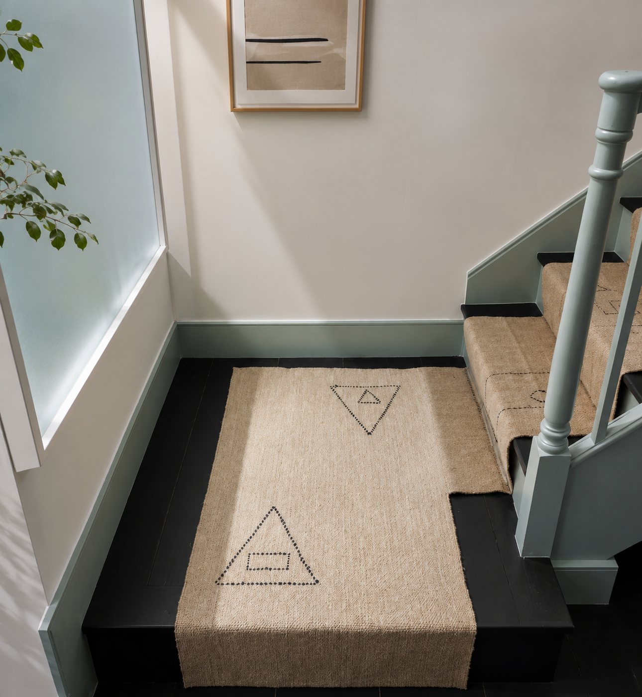 Cream, geometric triangle motif handwoven goat hair stair runner