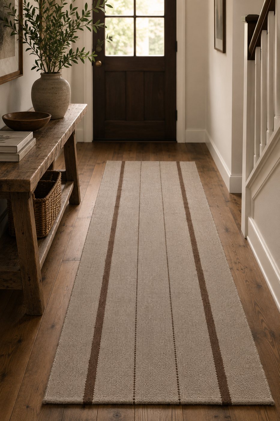Cream with wide brown stripe handwoven goat hair hallway runner in entryway