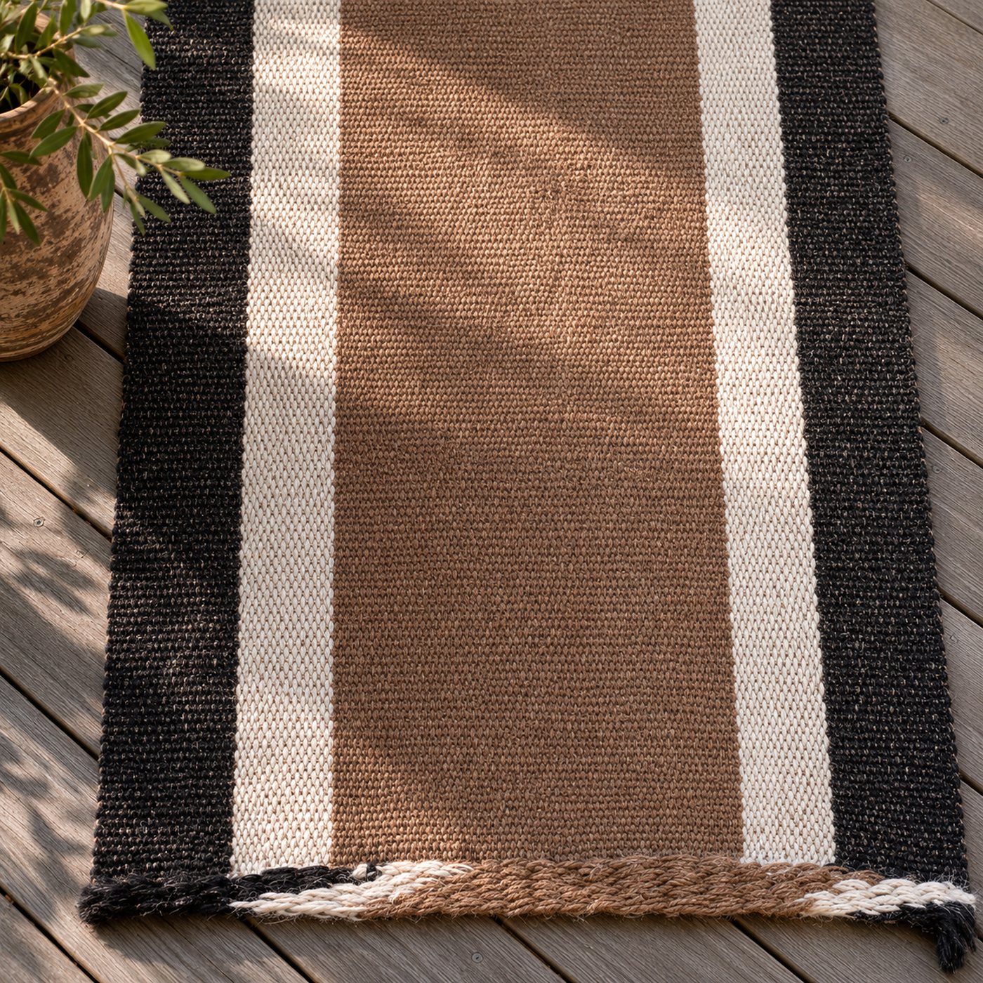 Brown, black & cream, bold stripe handwoven goat hair hallway runner