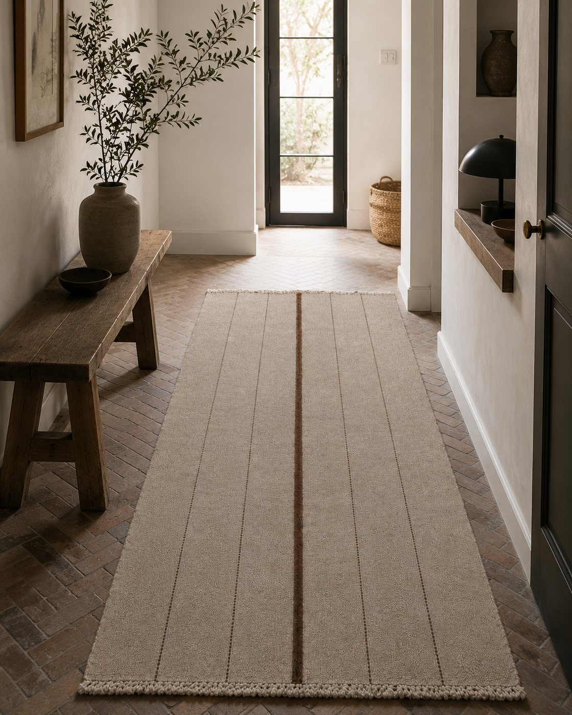 Ecru, brown centre & fine stripe handwoven goat hair hallway runner
